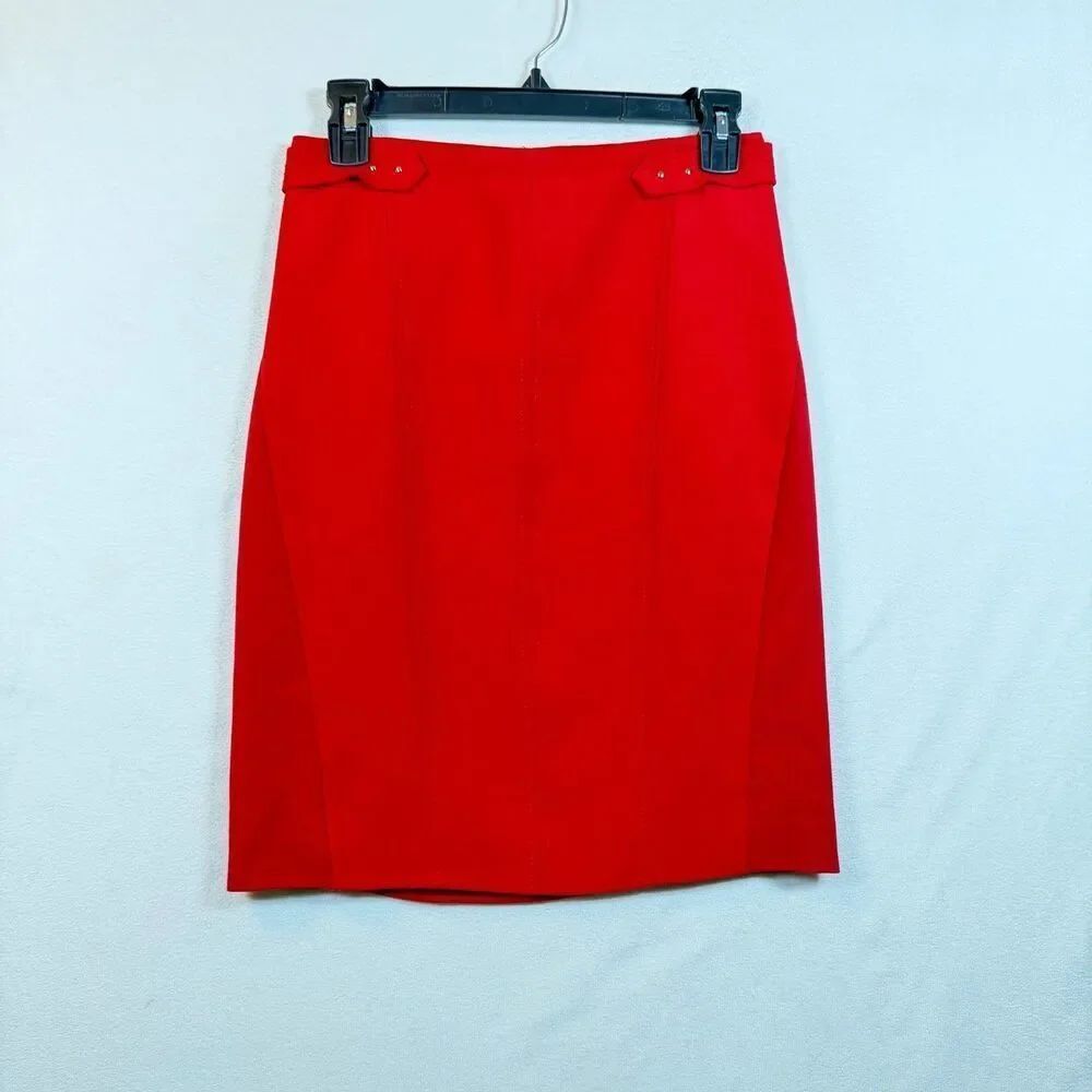 White House Black Market Red Pencil Skirt Size 2 Stretch Career Office Midi Line